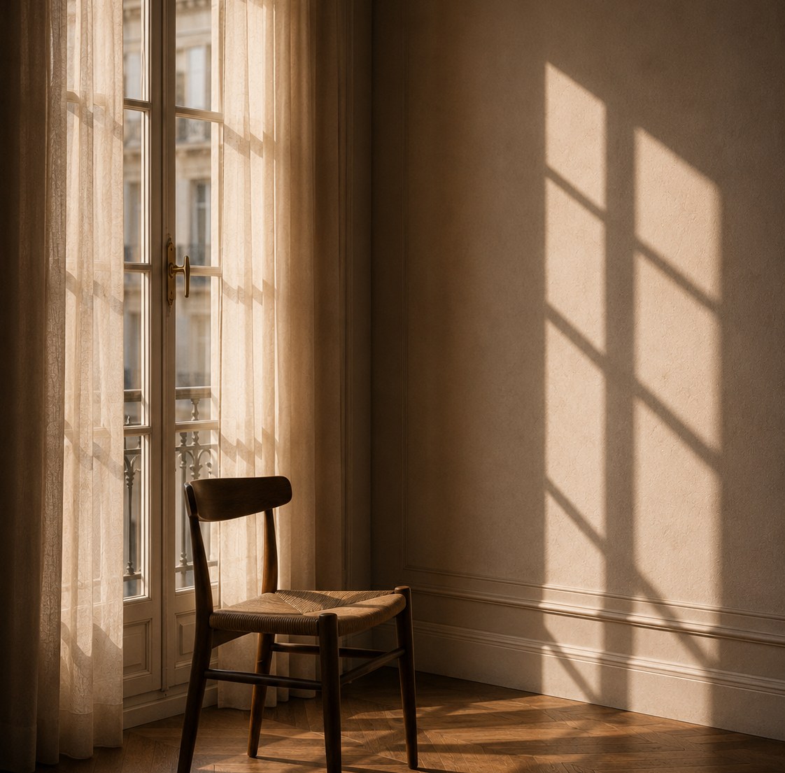 An empty chair beside a sunlit window