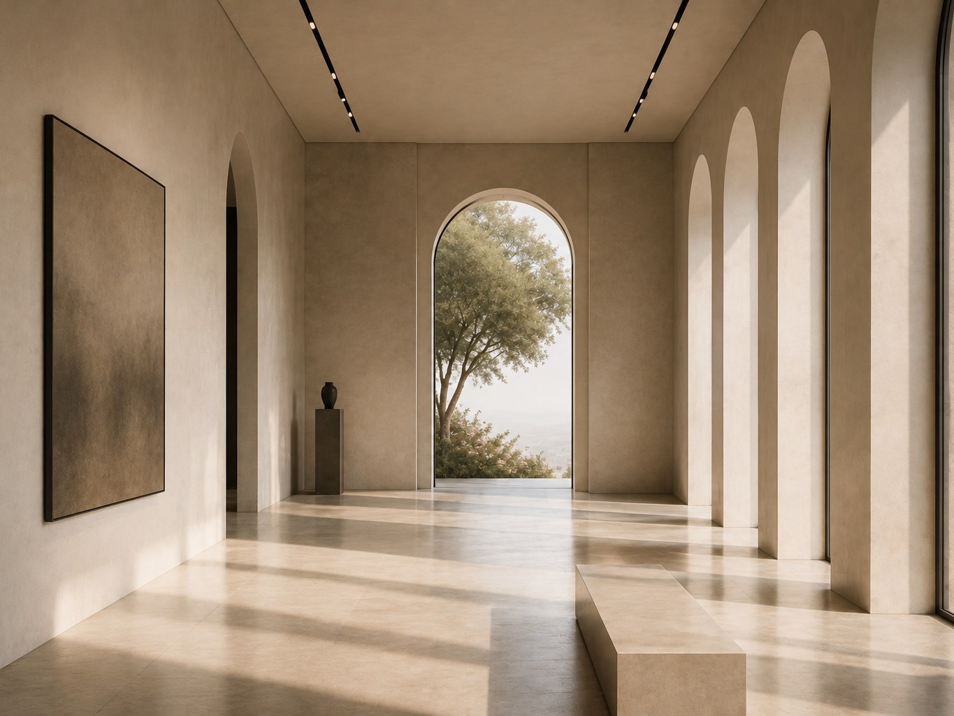 A sunlit minimalist corridor opening onto a garden