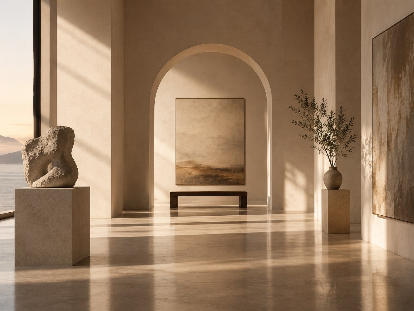 A quiet gallery interior in warm light