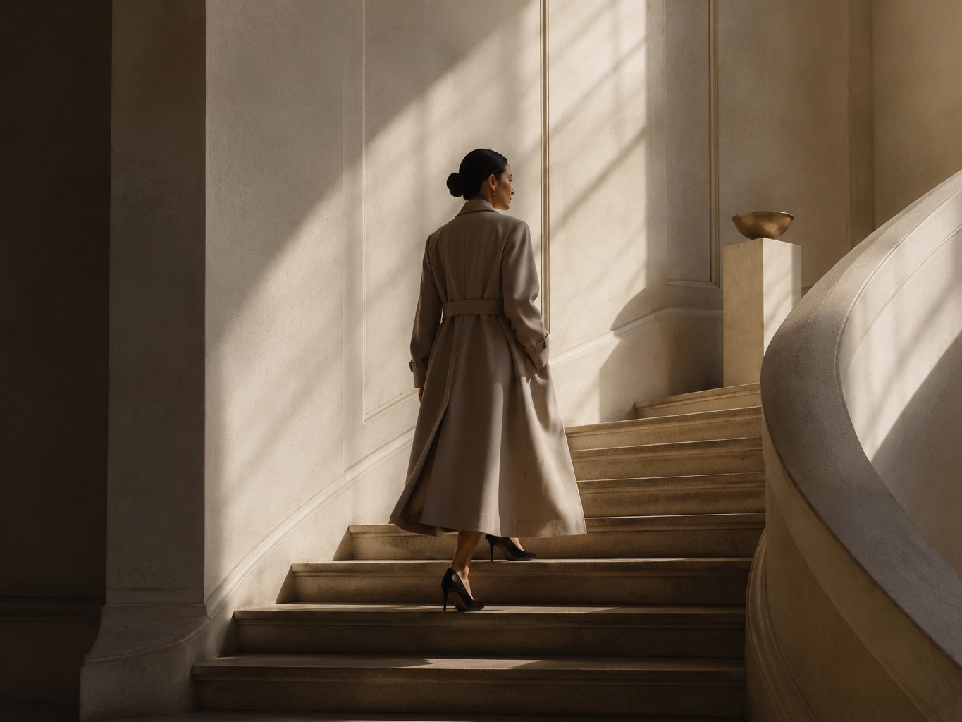 A woman ascending a curved sunlit staircase
