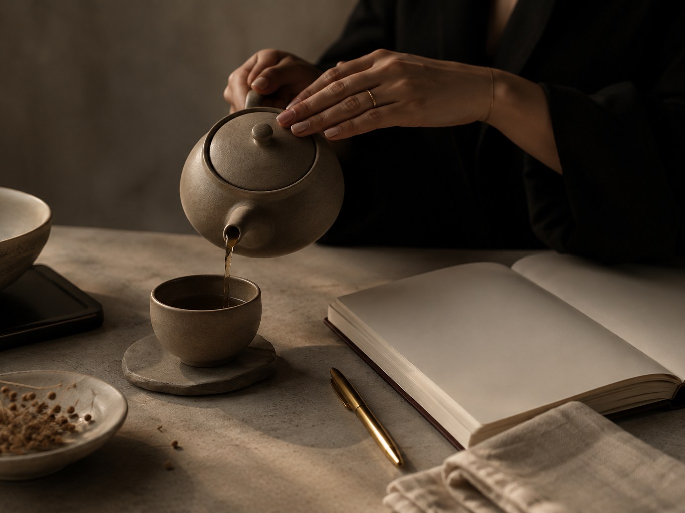Tea being poured beside an open journal