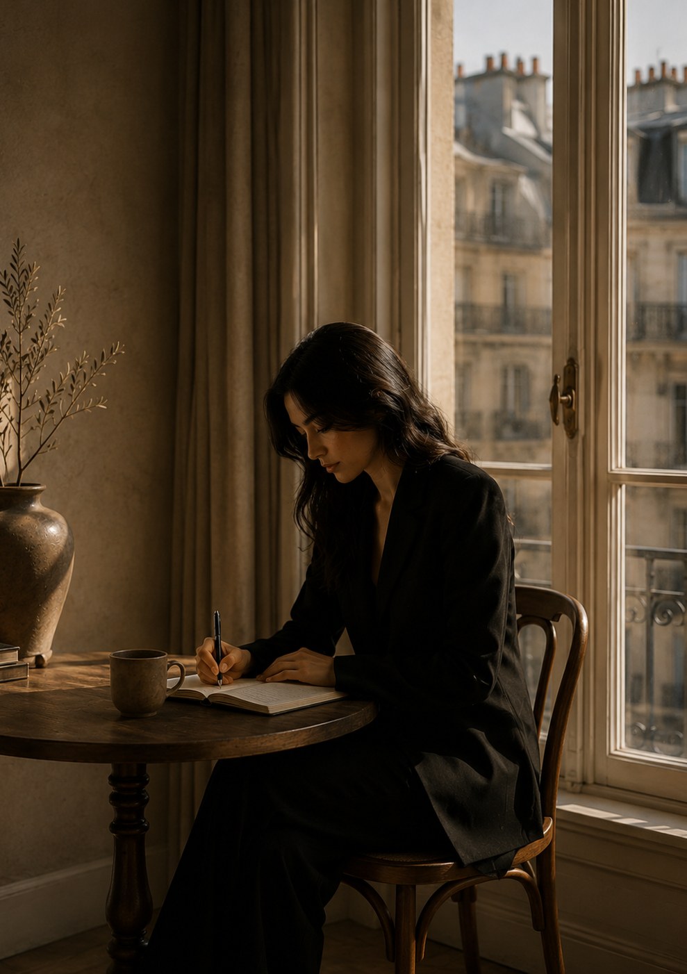 A woman journaling by a window in morning light