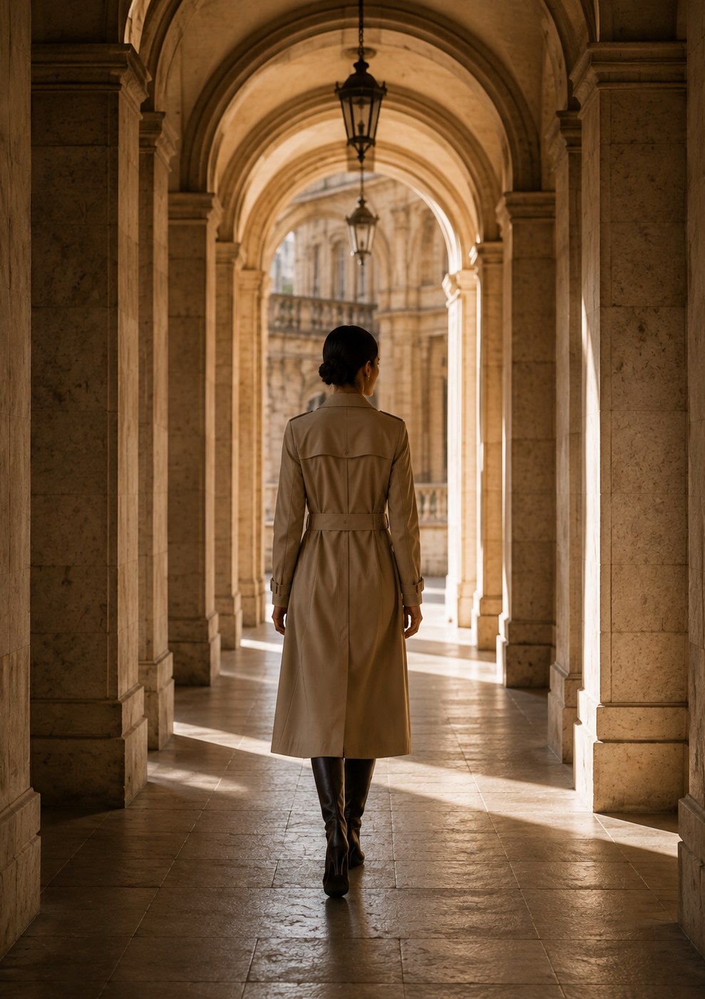 A woman walking alone through sunlit stone arches