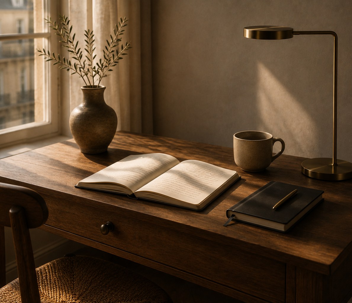 A sunlit writing desk with an open journal