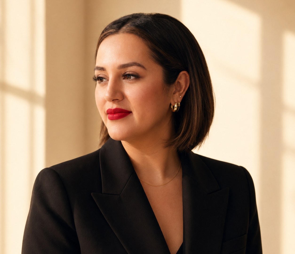 Nelly in a black blazer, turned toward the light