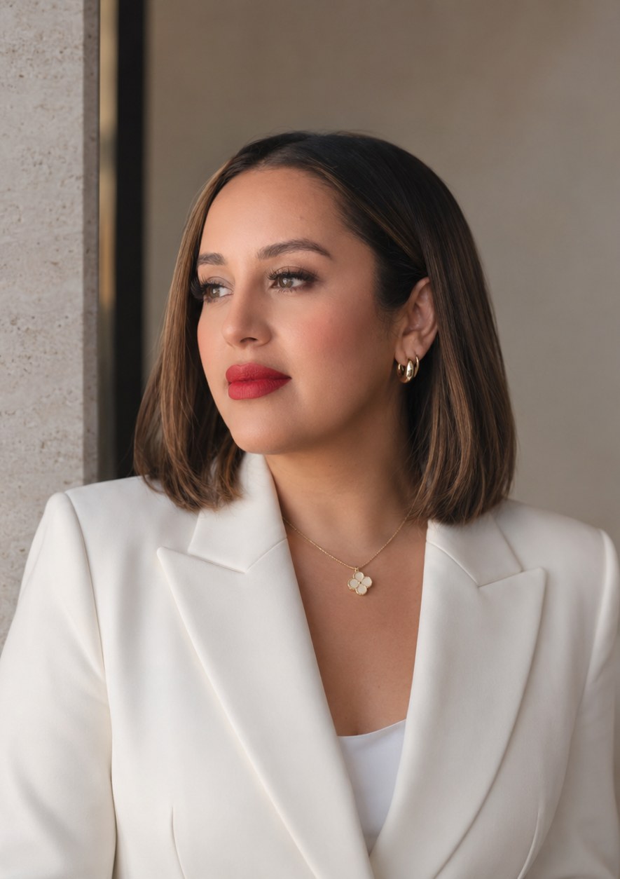 Nelly in an ivory blazer, looking away